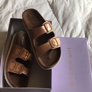 Rose Gold metallic cork wedge sandals with buckles